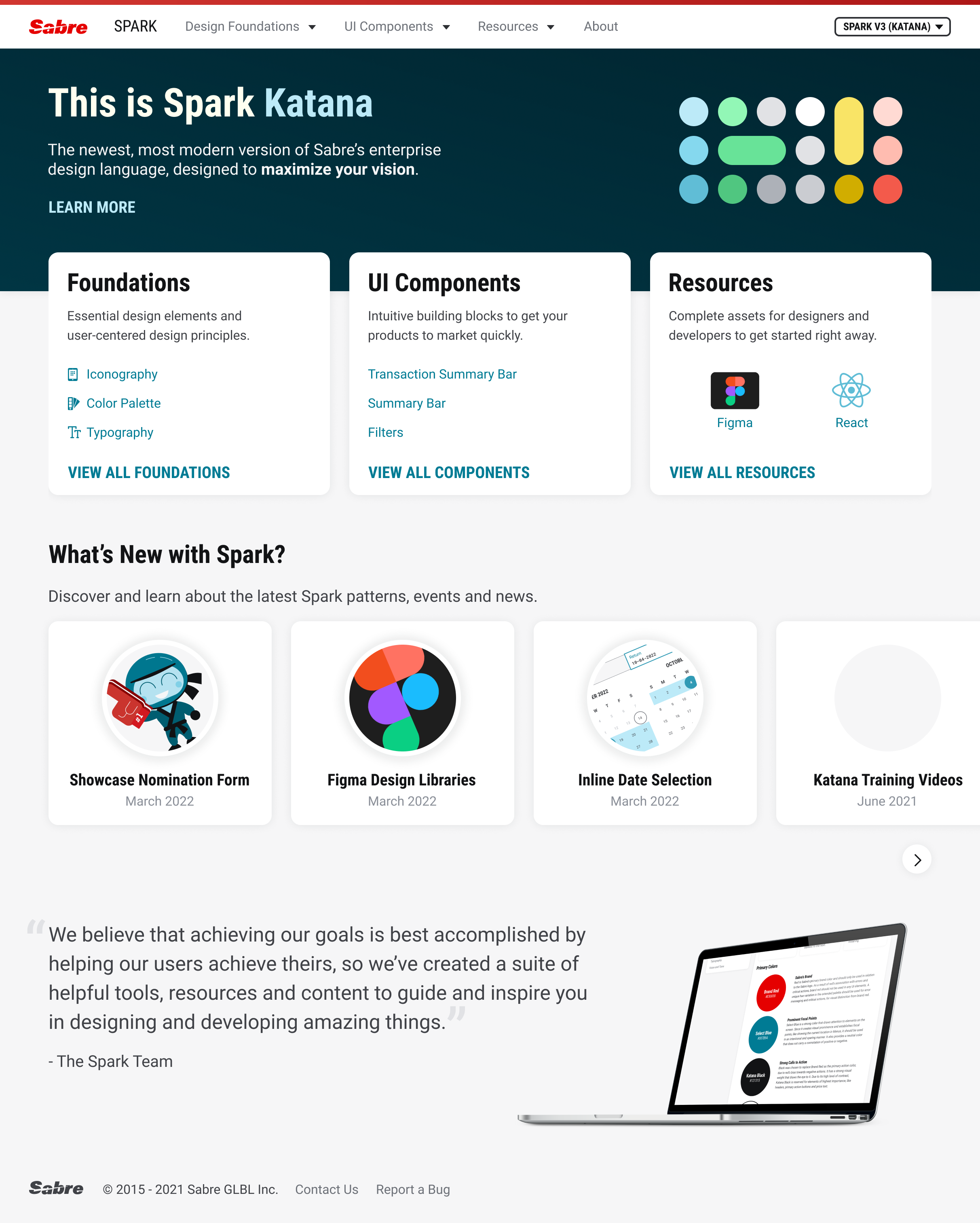 Spark Katana home page showing foundations, UI components, resources, and current system updates