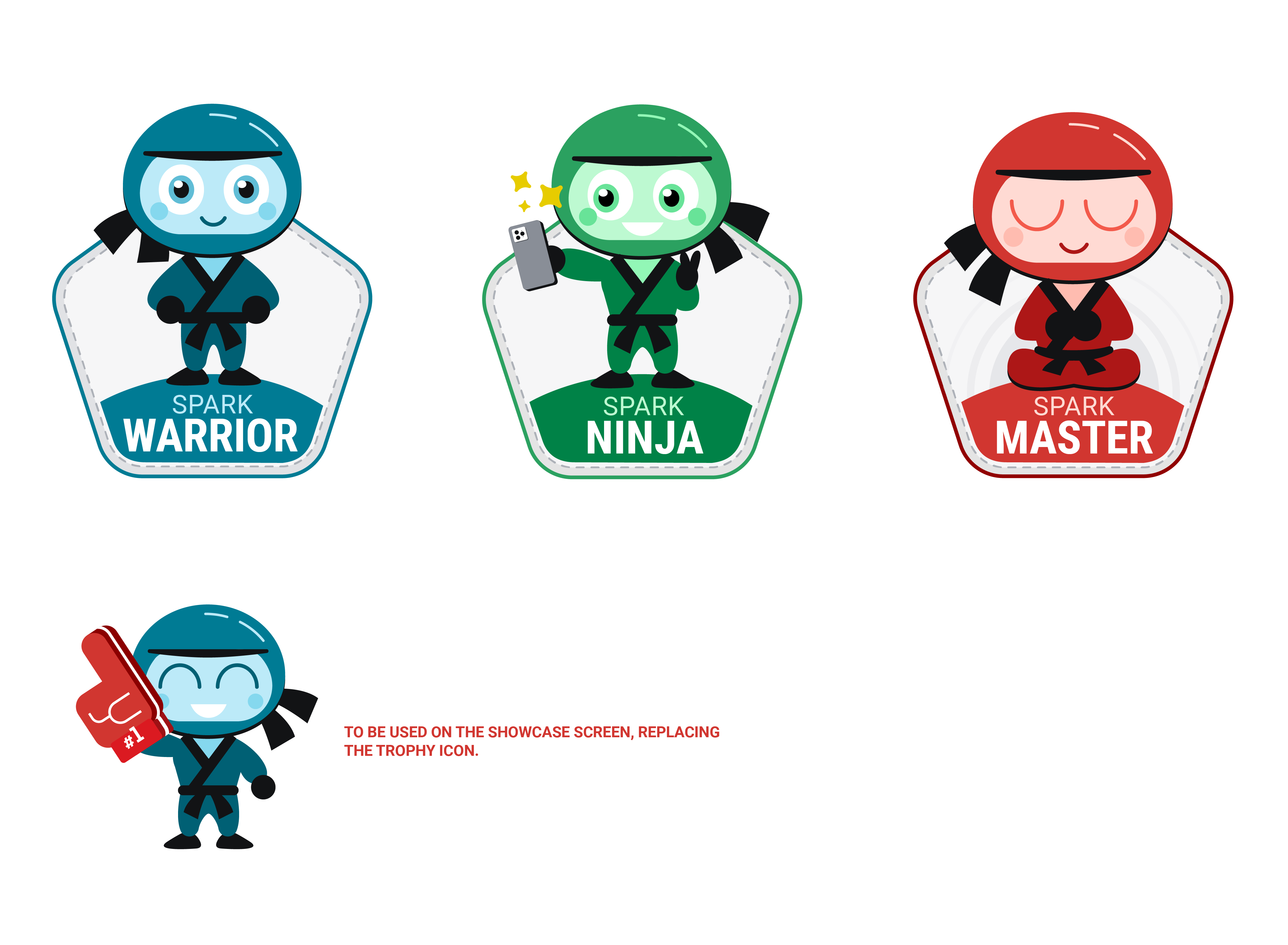 Spark Warrior, Ninja, and Master tiered recognition stickers designed for the Spark Showcase