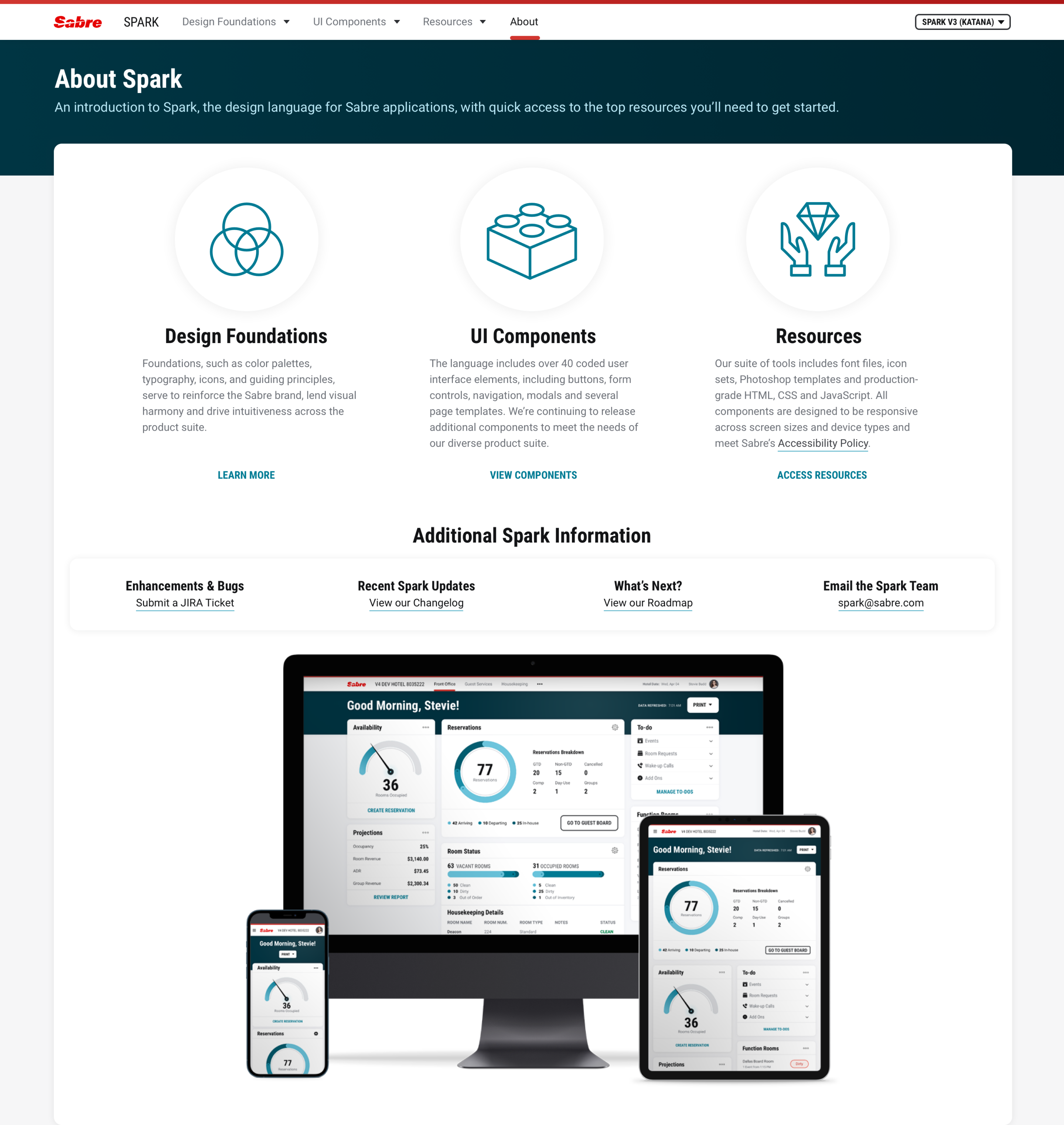Spark V3 About page explaining foundations, components, resources, and responsive product guidance